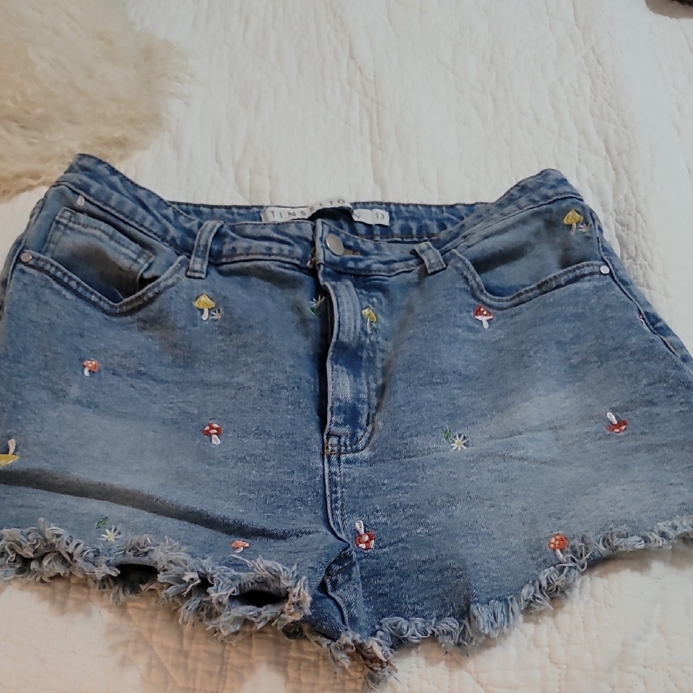 Tinseltown Blue Denim Shorts with Mushroom  Embroidered Accents Size 13